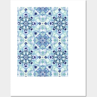 Navy Blue, Green & Cream Detailed Lace Doodle Pattern Posters and Art